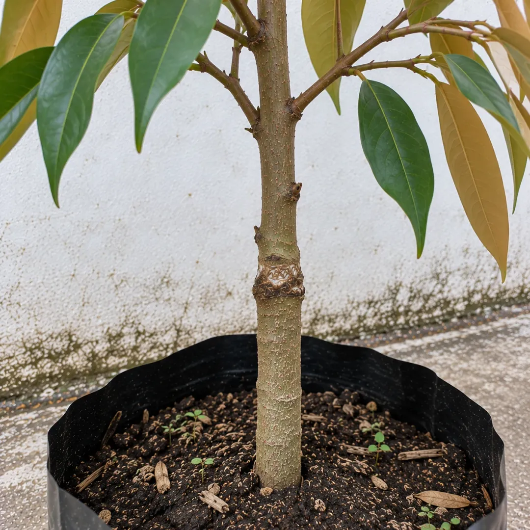 Sambungan batang durian dengan daun keemasan