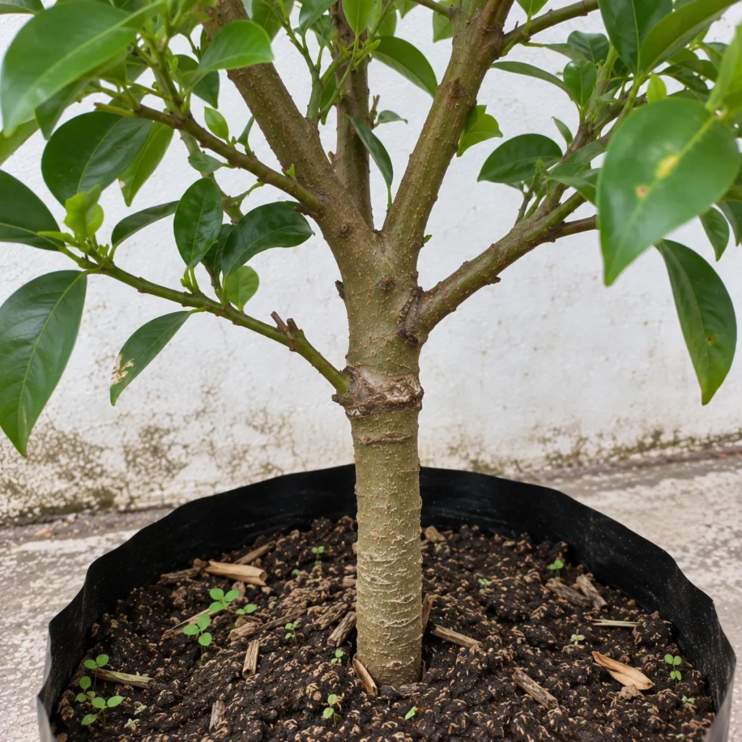 Sambungan batang jeruk dengan cabang dan daun